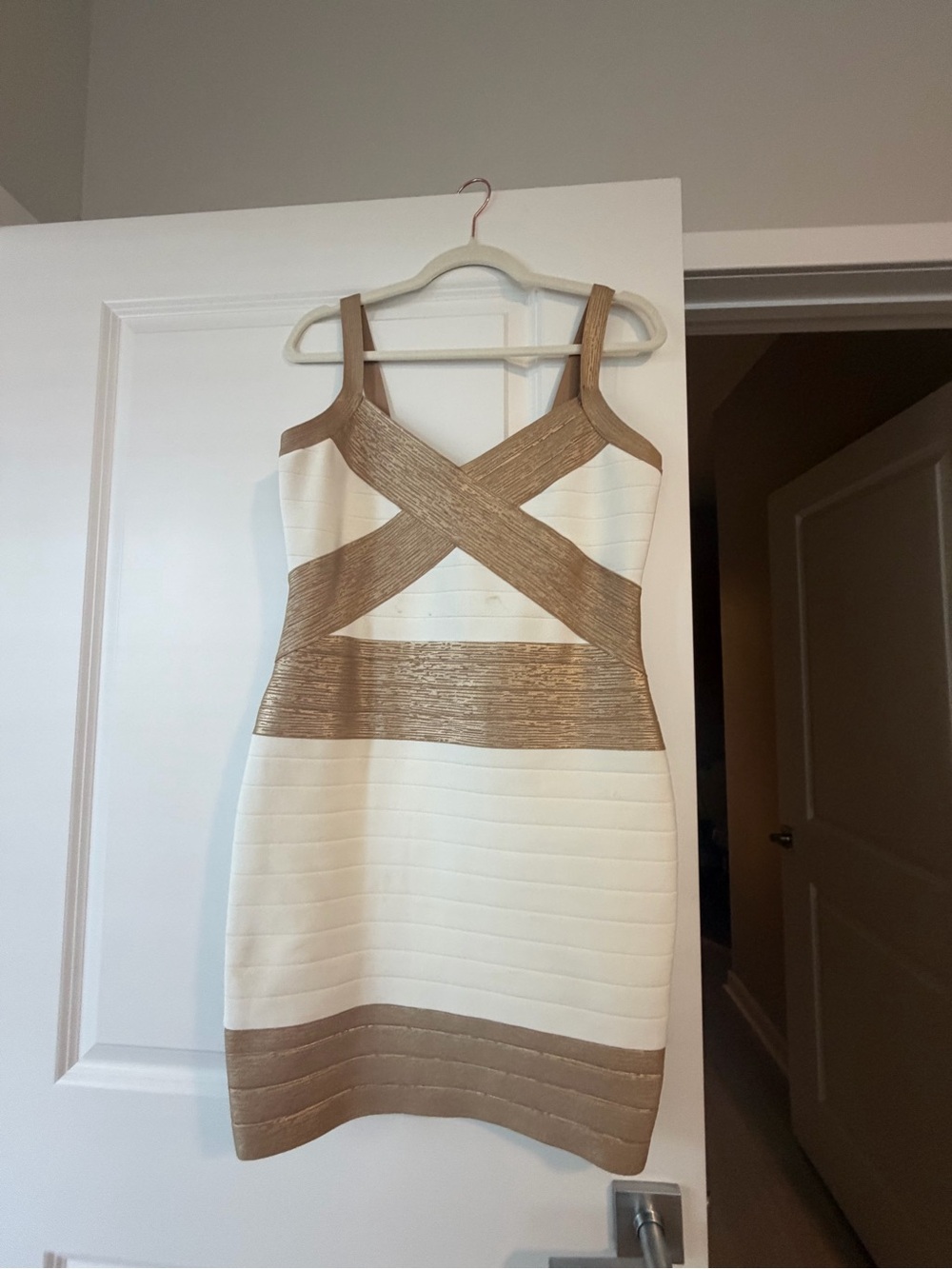bebe Cream Dress with Gold Bandage Accents